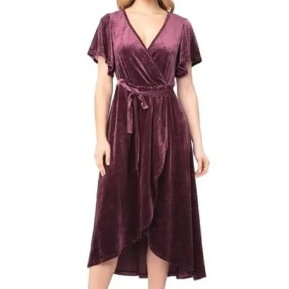 NWT $129 Badgley Mischka Burgundy Glitter Velvet Wrap Dress PSmall